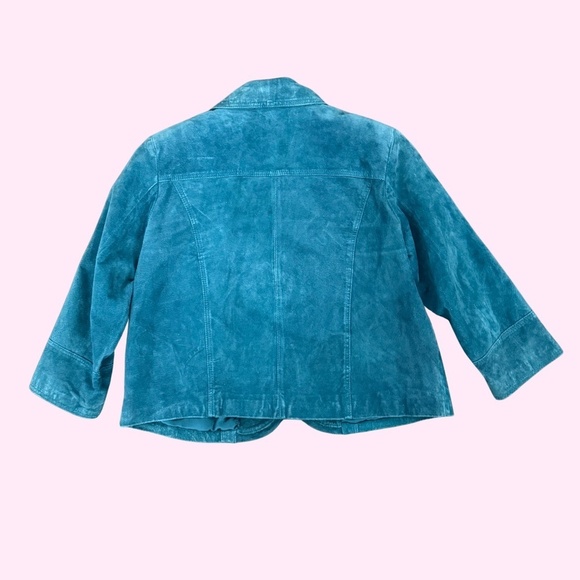 VTG Chico's Genuine Suede Teal Cropped Pea Coat Style Exaggerated Button Jacket - Picture 3 of 11